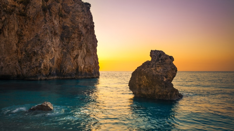 4K, horizon, rock formation, greece, milos beach, rock, shore, stack, cliff, sky, seastack, sea, lefkada, lefkada island, sunset, coast, sea stack