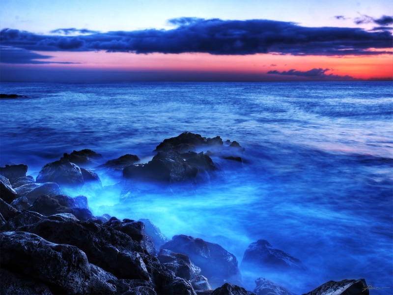 outdoors, near, body of water, dusk, mist, north west, blue  glow, west view, sunset, 1080P, water, hawaii, kapaa, landscape, seascape, north  pacific  ocean