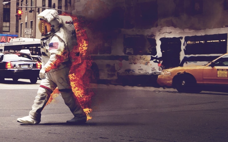 motor vehicle, smoke, real people, burning, 720P, standing, space, architecture, astronaut, spaceman, one person, city, burn, spacesuit, smoke - physical structure