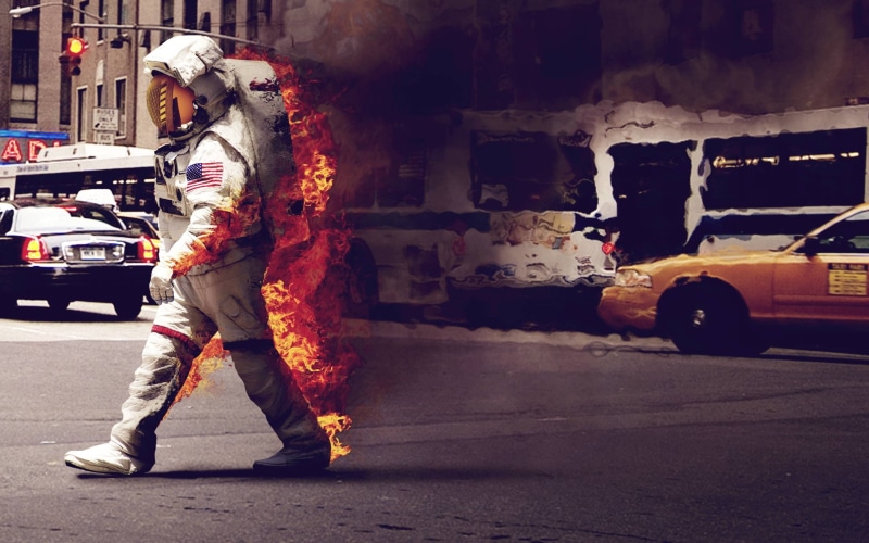 space suit, dark, astronaut, burn, smoke, Jack Crossing, USA, digital art, space, street, traffic, 2K, fire, burning, New York City, humor, NASA, road
