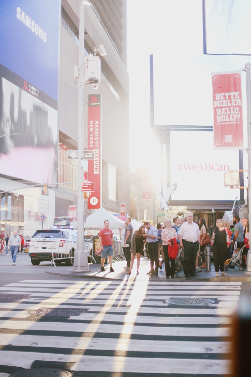 pedestrian, people, roadside, walking, city life, crowd, flare, billboard, road, city, street, outdoors, city street, standing, crosswalk, zebra crossing