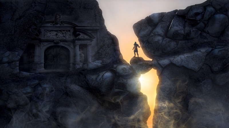 rock wall, dangerous, stones, view, fairytale, foggy, sculpture, hell, portal, one person, sun, castle, height, outdoors, solid, travel, fairy tales, photo montage