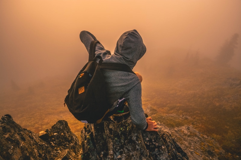 obscured face, fog, adventure, hood - clothing, golden, leisure activity, sky, unrecognizable person, nature, activity, solid, weather, view, daytime, hiking