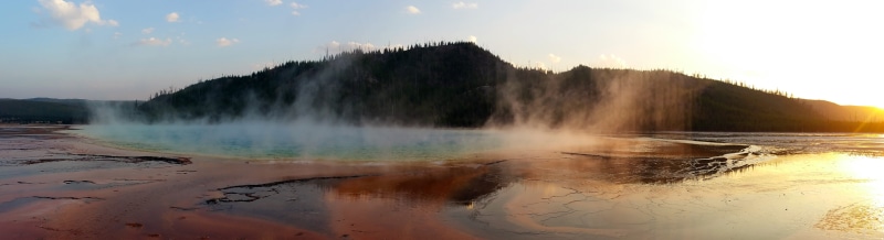 travel destinations, steam, panoramic, cloud - sky, body of water, scenics - nature, body, white, land, brown, hot spring, mountain, water, blue, reflection