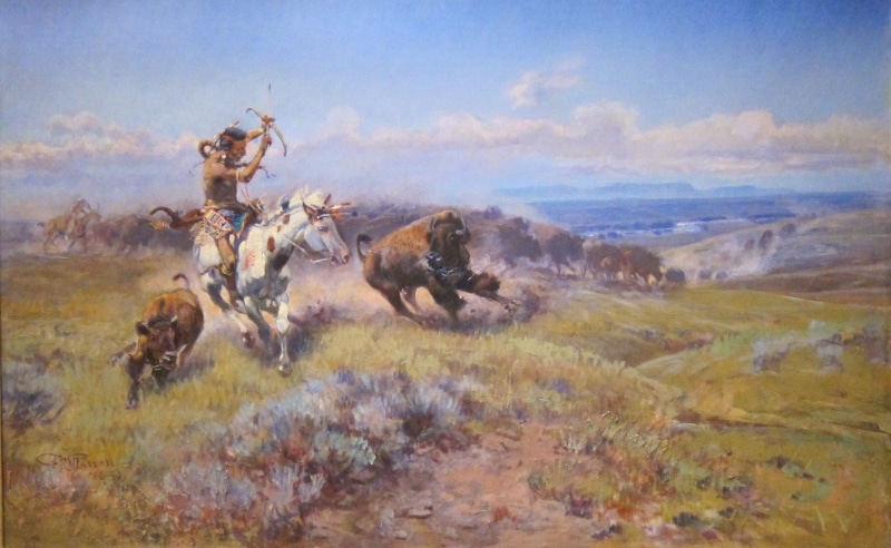 horse, artistry, art, buffalo, animal wildlife, day, outside, animals in the wild, plant, aggression, sky, painting, group of animals, animal, hunting
