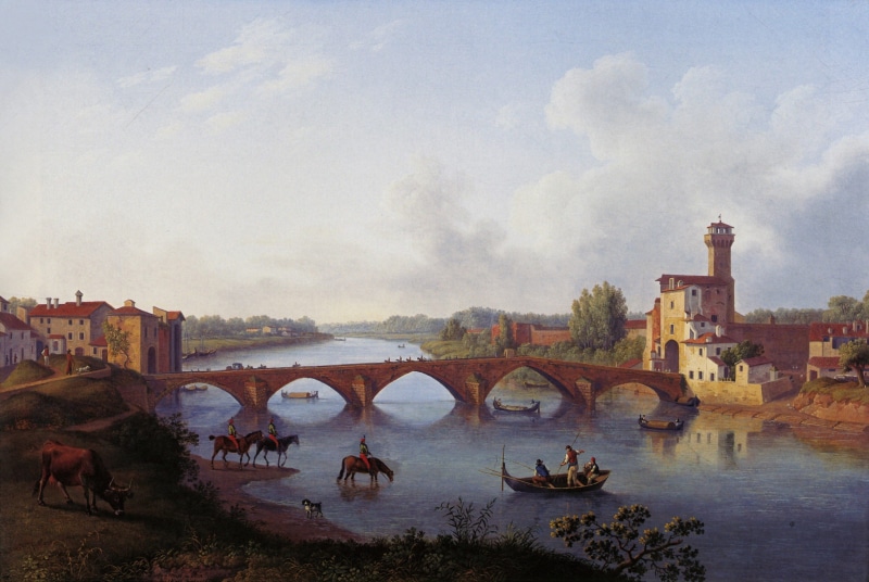 country, travel destinations, boats, artistry, bridge, building exterior, nature, trees, arch bridge, spring, near, art, built structure, people, outside