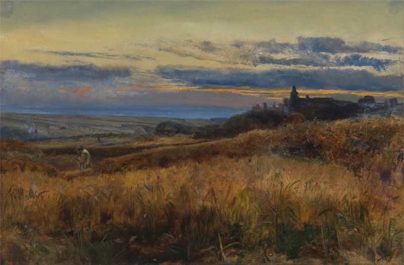 clouds, countryside, field, environment, standing, grass, scenics, oil on canvas, cloud - sky, architecture, sunset, outside, building, castle, landscape