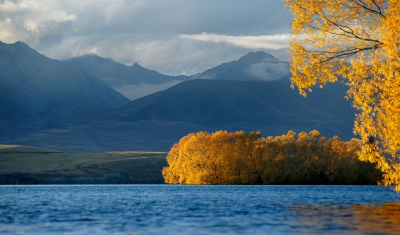Lake Tekapo, mountain, photo, yellow, blue, body, lake, body of water, photos, CC0, colour, water, landscape, scenics, tekapo, Geo-Tagged, Public Domain