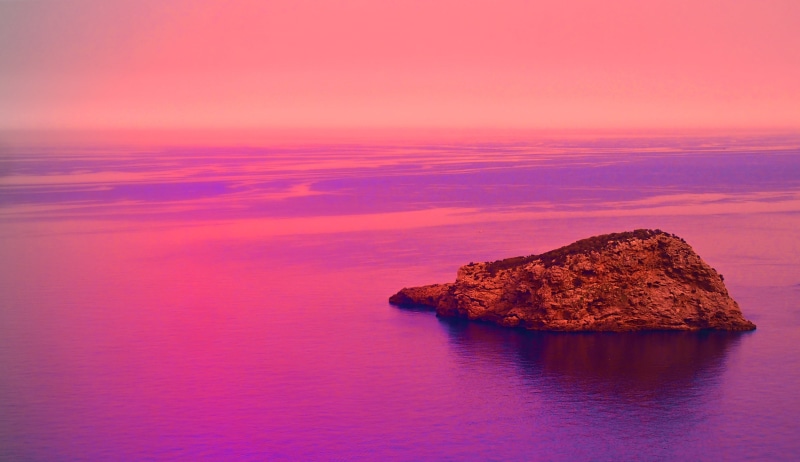 Insel, pink, Port de Soller, scenics, dusk, Baleares, sky, blue, water, rock - Object, Spain, body of water, sea, summer, coastline, Mallorca, landscape