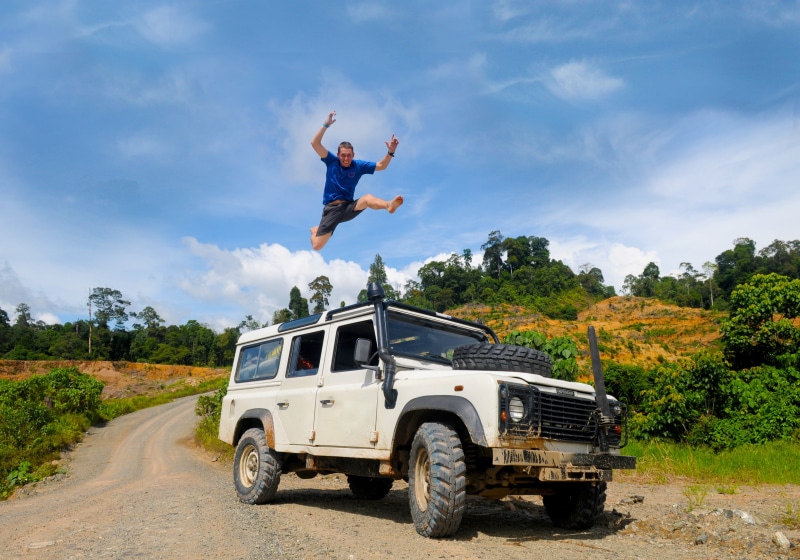 people, vehicle, suv, joy, motion, blue, sky, land Vehicle, auto, clear, full length, man in blue, dirt Road, off-Road Vehicle, 4K, one person, holiday