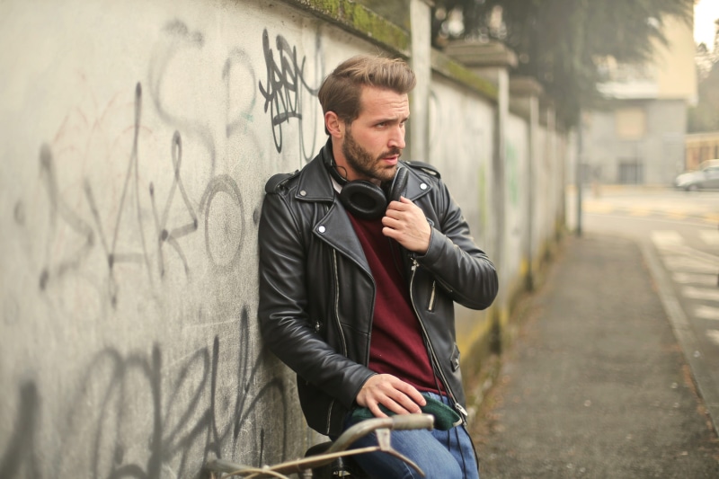 Adult, beard, bicycle, urban, hipster - person, street, male, Happy, 30-35 year old, Young, jeans, outdoor, technology, Standing, wearing, headphone, bearded