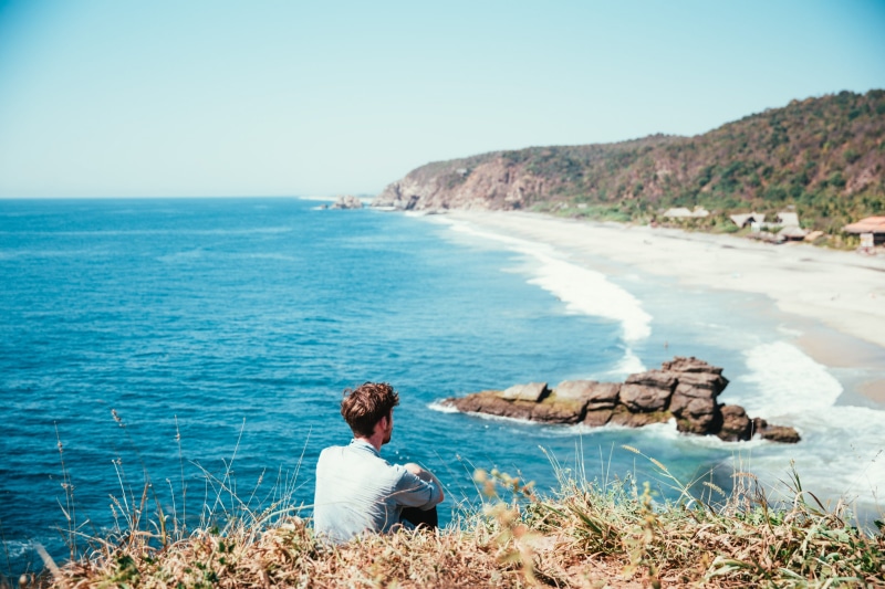 outdoor, top view, caucasian man, Ocean, outdoors, rock - object, Adventure, water, dom, one person, man, Watching, summer, 2K, Trip, causal, leisure