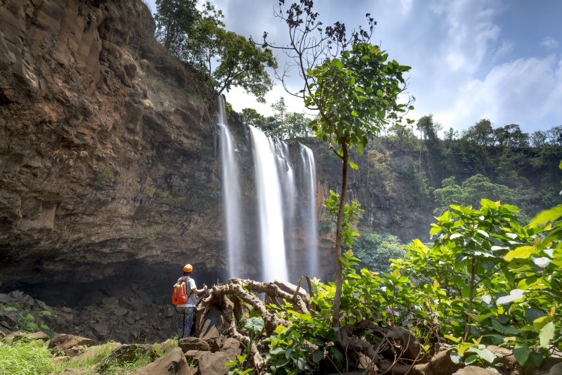 rock - object, rainforest, flora, scenic, beauty in nature, man, jungle, environment, mountain, tropical, front, flowing water, summer, flow, rock formation