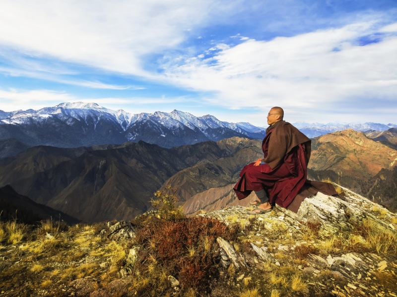 environment, monk at himalaya, scenics - nature, full length, rock - Object, himalaya, hiking, under the blue sky, monk, bhikkhu, sky, mountain Range, one woman only
