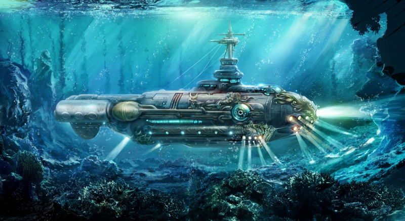 space, twenty thousand leagues under the sea, machinery, pencil, futuristic, underwater, underwater diving, tank, art, backgrounds, outdoors, engine, science
