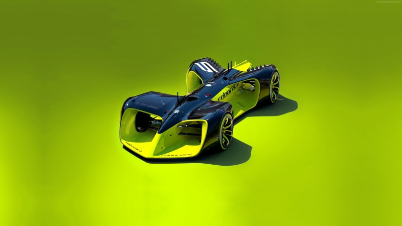 future cars, day, green background, metal, security, blue, close-up, yellow, studio shot, mid-air, Roborace, yellow background, safety, no people, diving equipment