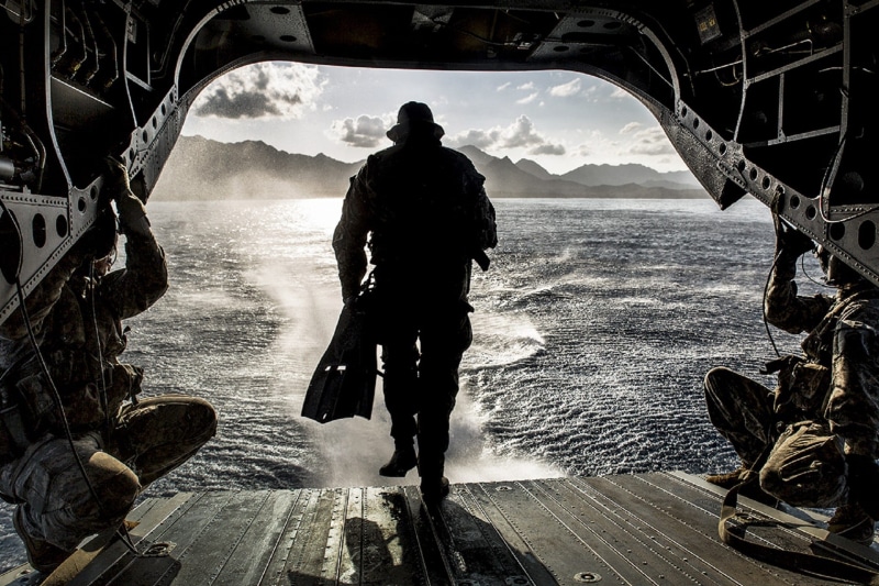 diving flipper, men, training, standing, helicopter, helocasting, silhouette, diving equipment, jump, nature, real people, beauty in nature, ocean, looking at view