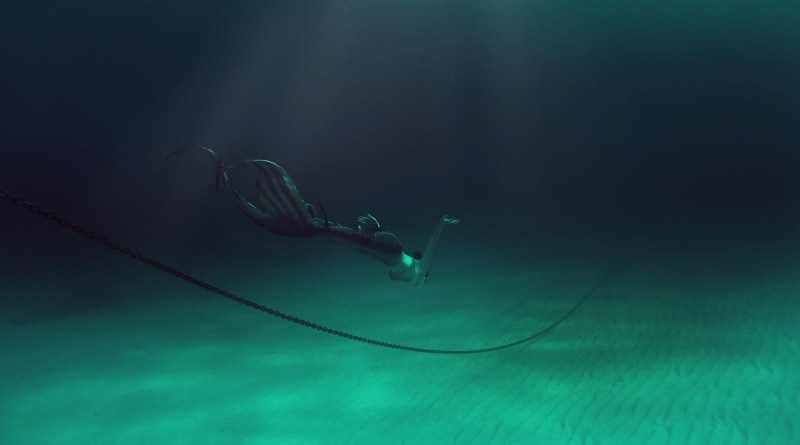 exploration, turquoise colored, undersea, swimming, the little mermaid, diving equipment, tail, water, under water, underwater, extreme, full length, scuba diving
