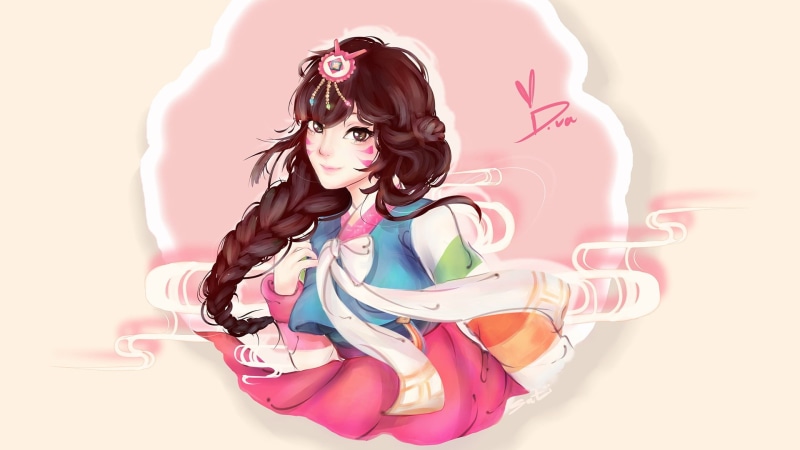 long hair, 1080P, pink, hairstyle, hijab, young women, digital art, full length, hair, s, women, artwork, beauty, white background, D.Va (Overwatch), indoors