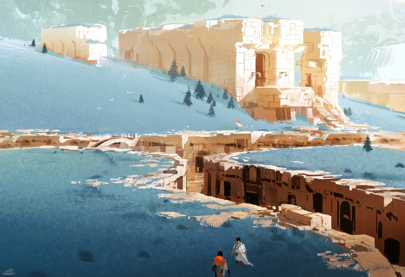 landscape, nature, Sparth., 1080P, building, digital art, trees, people, rocks, concept art, ravine, grass