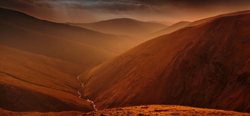 valley, mist, landscape, hills, ravine, amber, river, clouds, 1080P, nature, mountains, sunlight
