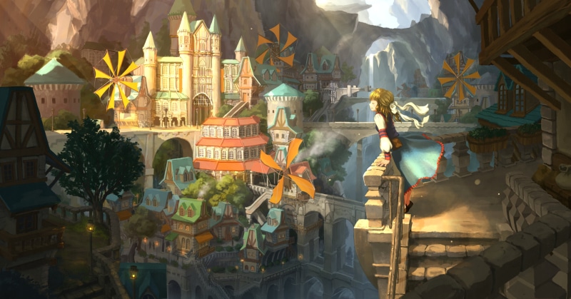 4K, sun rays, bridge, windmill, street light, ravine, ribbon, fantasy art, castle, medieval