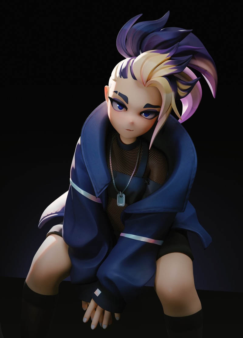 anime girls, digital painting, blue eyes, artwork, kda, fan art, sitting, Ana Mendes, ArtStation, digital art, wavy hair, looking at viewer, portrait display