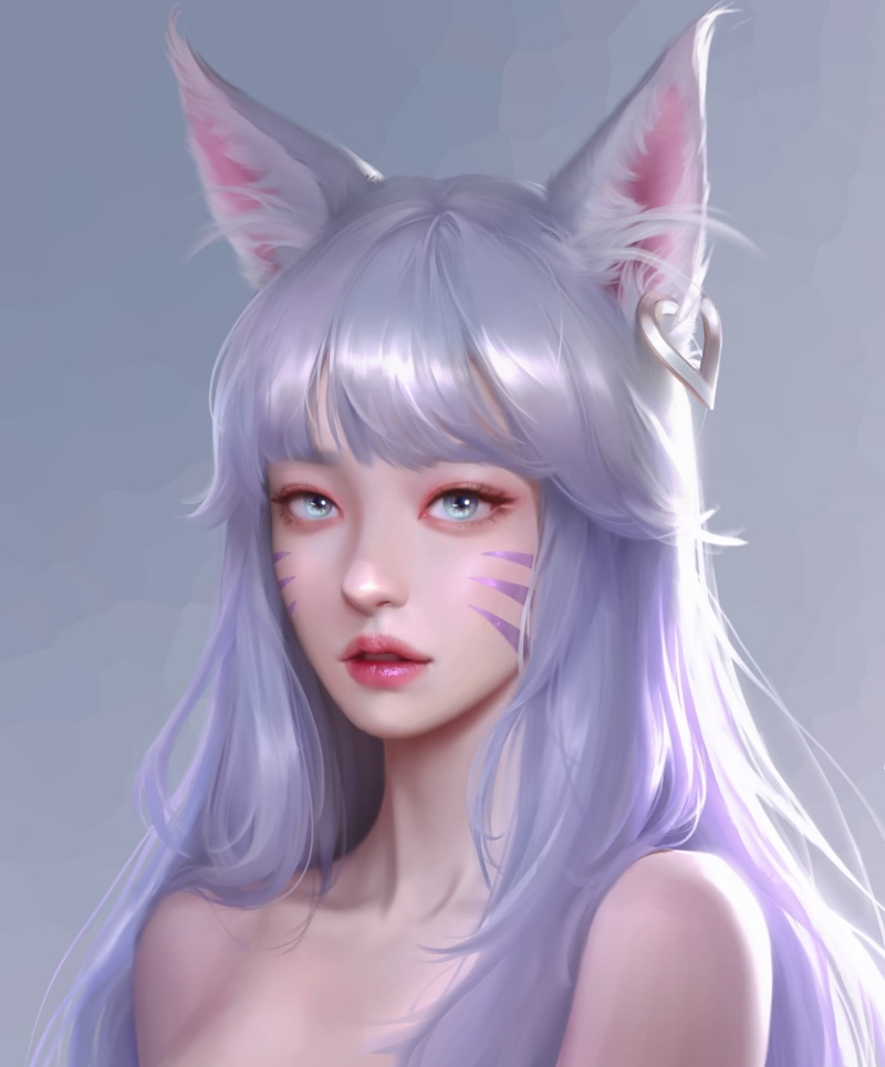 Ahri, portrait display, digital art, women, animal ears, looking at viewer, bare shoulders, purple hair, artwork, drawing, KDA Ahri, 1080P, fan art, portrait