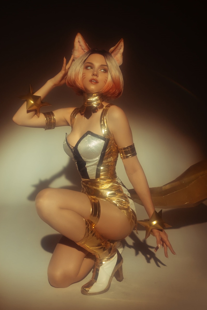 short hair, women indoors, cosplay, women, video game girls, indoors, legs, KDA Ahri, thighs, video game characters, parted lips, 1080P, animal ears, Ahri (League of Legends)