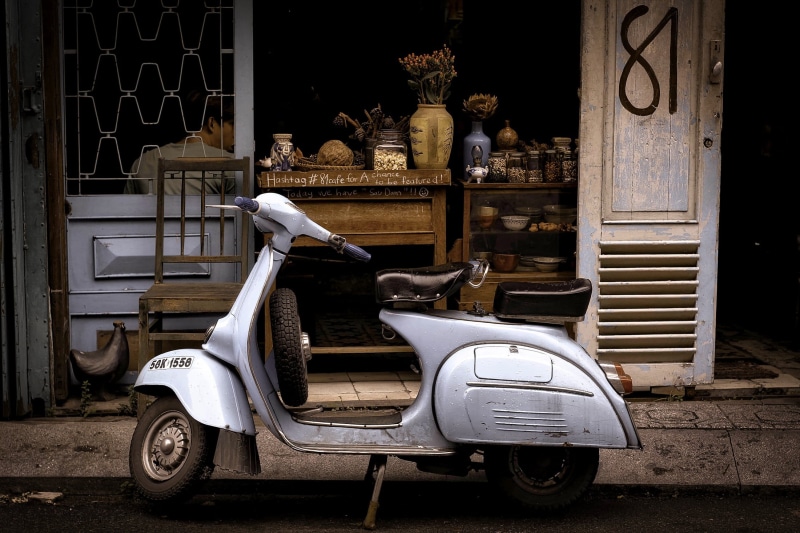 ho chi minh city, street, building, hdr, land vehicle, retro Styled, motor vehicle, no people, moped, scooter, transportation, old-fashioned, window, car