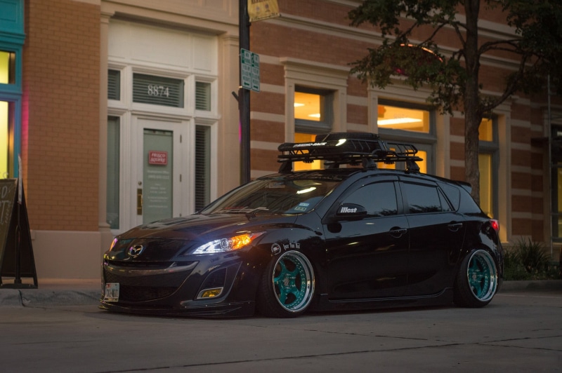 card, black, concrete, motor vehicle, Mazda 3, illuminated, evening, building exterior, morning, architecture, road, lights, Mazda, parking, stationary
