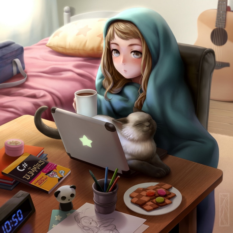 resting, sitting, leisure Activity, 1080P, connection, laptop, wireless technology, small, playing, infront, kotikomori, bedroom, bed, internet, domestic Room