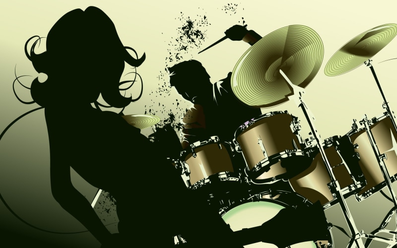 beating, 1080P, illustration, drums, drum, with, girl, music, man, infront, playing