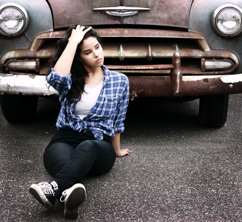 woman, 1080P, front view, transportation system, brown, wheel, leisure activity, motor vehicle, sitting, mode of transportation, transportation, vintage