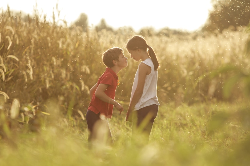 land, family, sister, field, women, funny, brother, plant, childhood, male, kissing, white, girl, love, two people, instant, red, nature, positive emotion