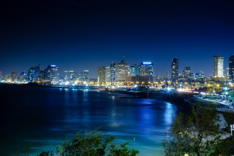 sky, transportation, reflection, city, night, building exterior, 4K, lights, illuminated, urban skyline, travel, modern, tel aviv-yafo, blue, cityscape