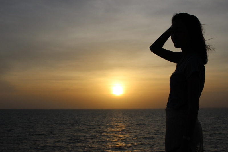 travel, hairstyle, water, girl, profile, one person, ocean, orb, clouds, standing, sunshine, horizon over water, scenics - nature, vacation, sea, golden
