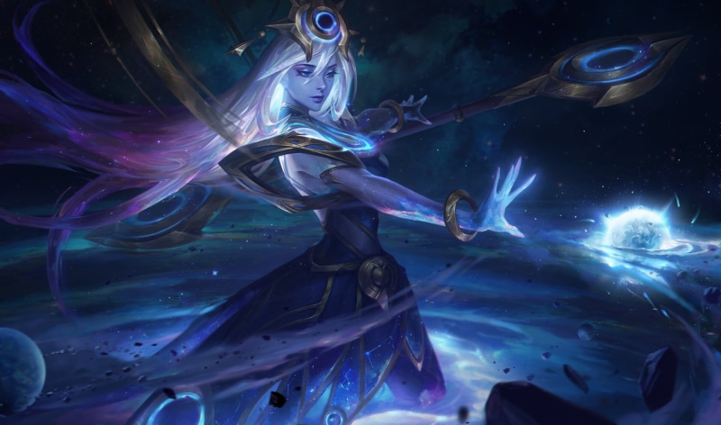 women, Bo Chen, drawing, blue eyes, magician, glowing, 1080P, planet, orb, stars, space, Void, tiaras, staff, long hair, spell, rocks