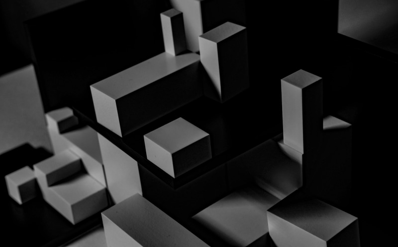 shape, 5K, construction industry, pattern, dark, maze, cube, gray, indoors, grayscale, architecture, contrast, creativity, close-up, design