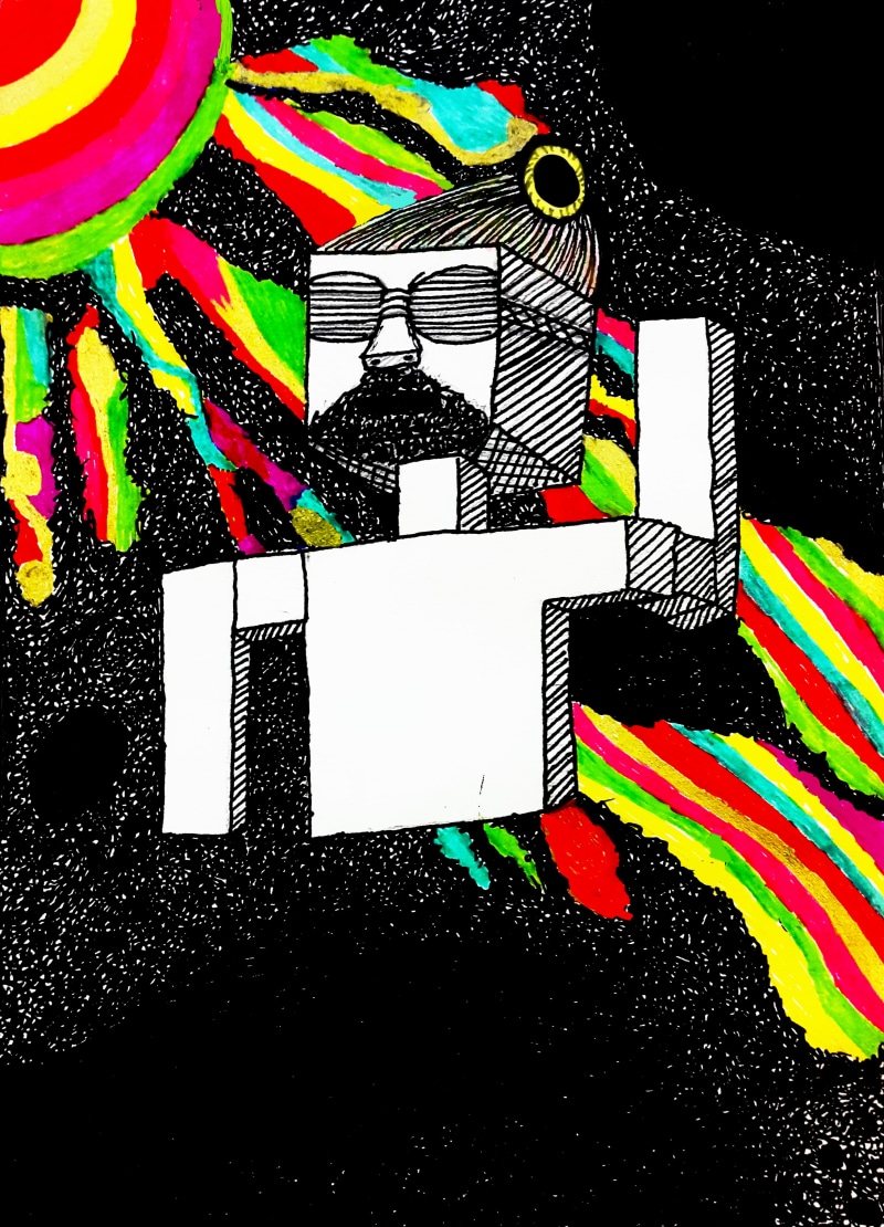 pen, blocky, black holes, video games, shades, trippy, Color Burst, drawing, 3D Blocks, beard, space, Minecraft, psychedelic, Sun, human android, 4K, bearded