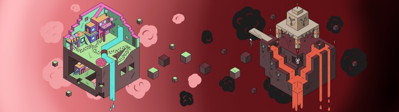 fantasy architecture, 4K, 3D Blocks, dark, minimalism, evil, island, waterfall, lava, pirates, skeleton, clouds