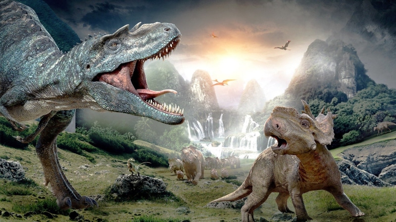 landscape, animals, waterfall, Dinosaurs, 1080P, nature, rock, Tyrannosaurus Rex, birds, Roar, digital art, Prehistoric, mountains, sun
