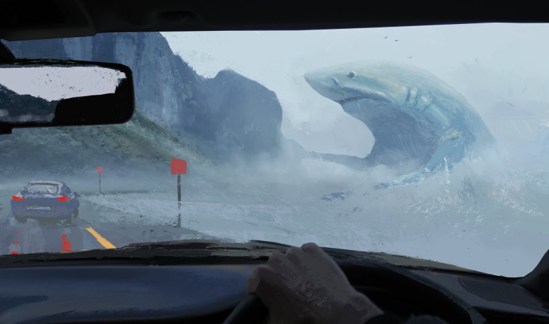 motor vehicle, water, 1080P, fantasy Art, day, Megalodon, artwork, digital art, land vehicle, outdoors, glass - material, Car Interior, animals, sea, transparent