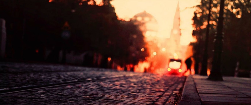 selective focus, the way forward, cobblestone, architecture, sky, 2K, direction, tree, plant, night, sunset, street, city, paving stone, footpath, outdoors