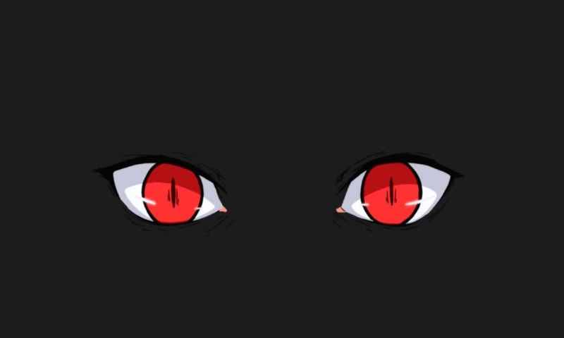 black background, Kagerou Project, eyes, reflection, sign, anime, lighting equipment, cut out, dark, 720P, red, illuminated, studio shot, digital art