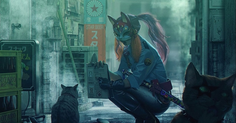 japanese sword, 1080P, fox mask, digital art