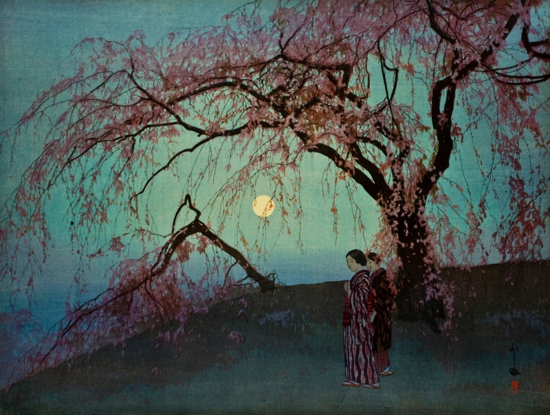 trees, women, painting, Yoshida Hiroshi, 4K, Japanese clothes, moonlight, Sakura blossom, Japanese Art, artwork, water, Ukiyo-e