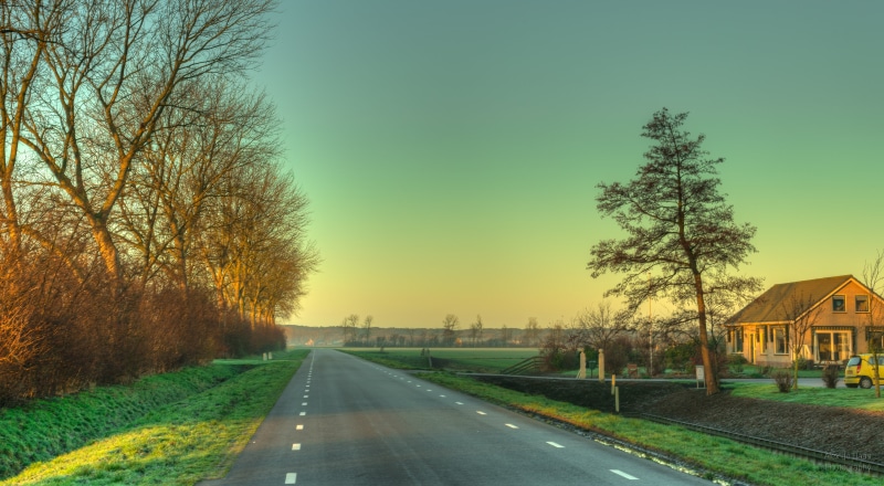 bare trees, sunrise, concrete, landscape, Country, beauty, Netherlands, winter, morning, colours, skies, grey, road, brown house, sky, high dynamic range