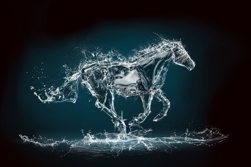 action, design, horse, blue background, water, global communications, drop, black Color, technology, splashing, indoors, breaking, background, flowing