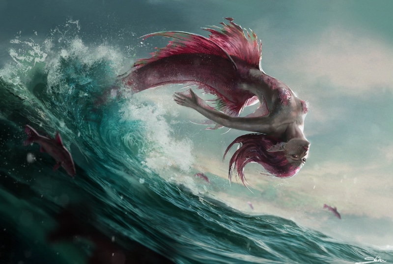 wave, mermaid, fish, sea foam, pink hair, tail, jump, scales, 1080P, fins, squirt